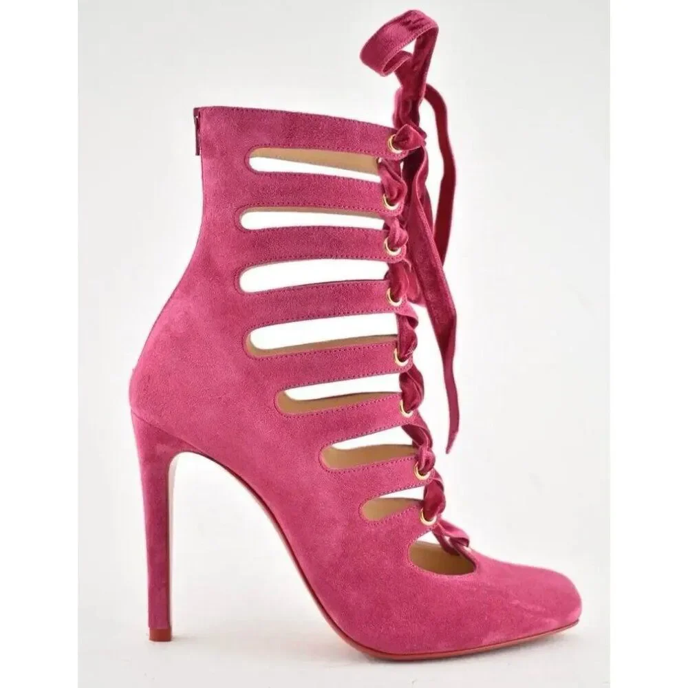 NEW CHRISTIAN LOUBOUTIN Spinetita Loulou Pink Lace-Up Booties Size EU36.5